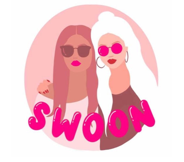 two women with sunglasses in a pink circle