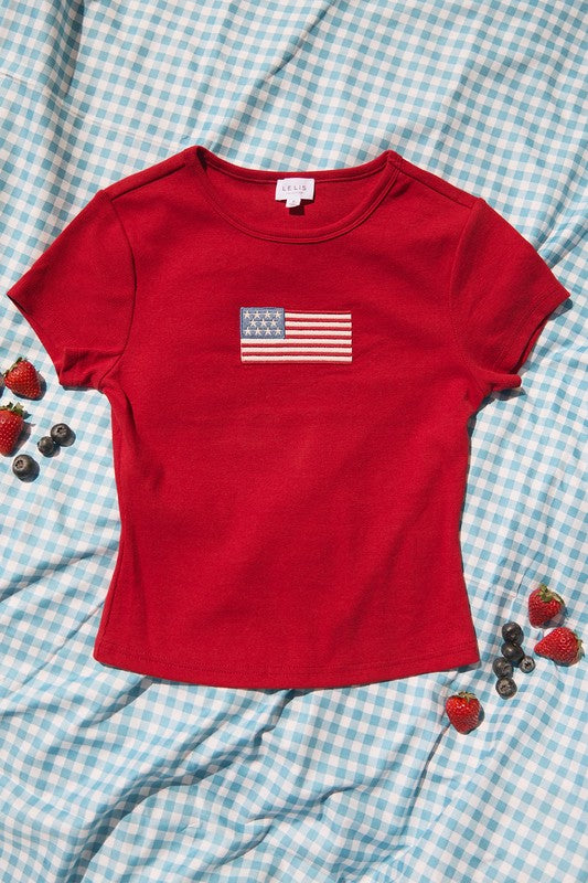 Red t-shirt with American flag graphic.