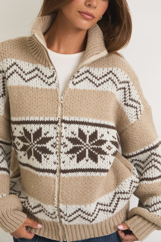 Beige sweater with patterned design worn by a person