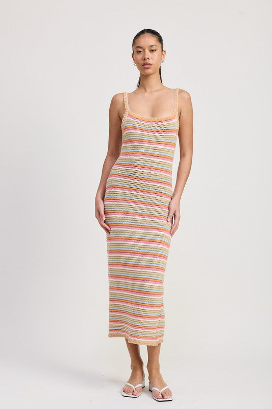 A midi length crochet dress with a square neckline, featuring horizontal stripes in varying shades of orange, pink, and white. The dress has thin straps and an open back.