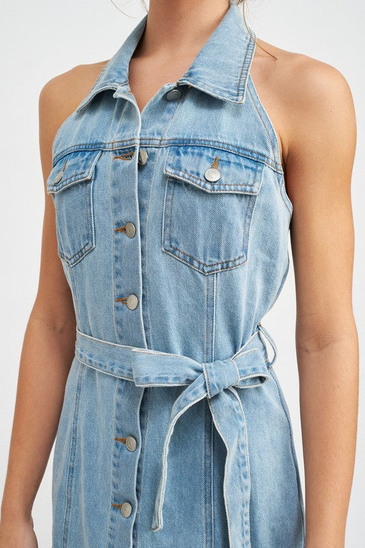 Denim dress with a white background
