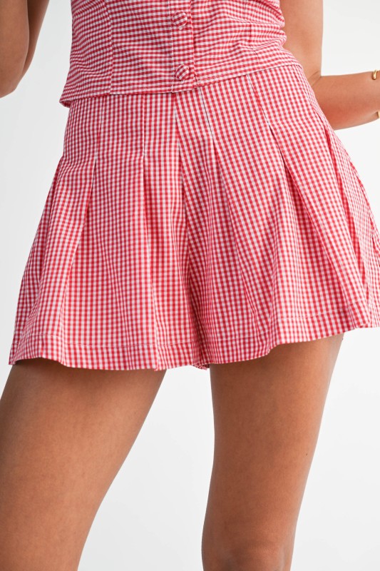 Red and white checkered skirt worn by a person on a light gray background